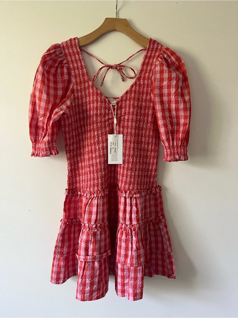 NWT Caroline Constas Red Gingham Tiered Mini Dress with Puff Sleeves Size Med - Picture 2 of 7